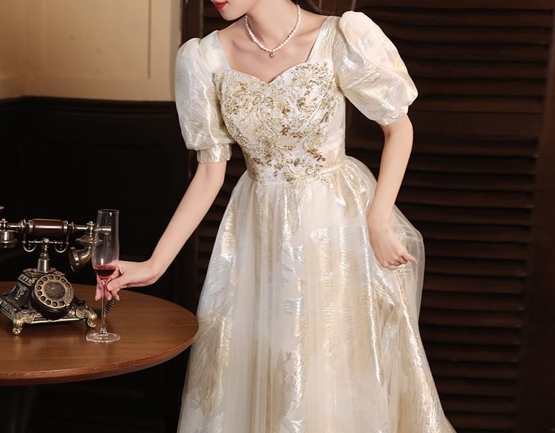 Short-Sleeve Evening Gown Sequin A-Line