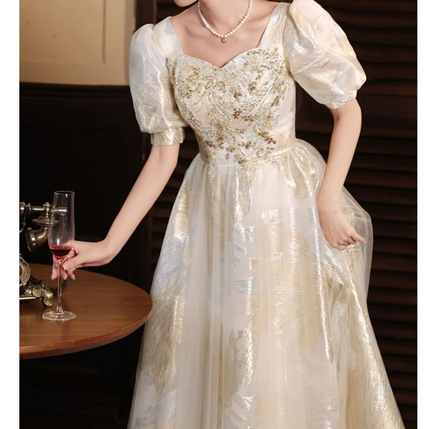 Short-Sleeve Evening Gown Sequin A-Line