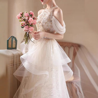 Halter Cold-Shoulder Sequin Tulle A-Line Evening Gown