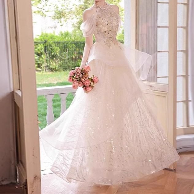 Halter Cold-Shoulder Sequin Tulle A-Line Evening Gown