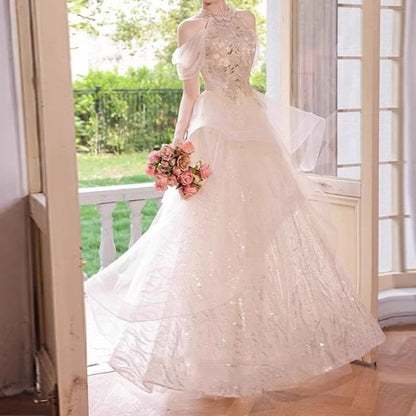 Halter Cold-Shoulder Sequin Tulle A-Line Evening Gown