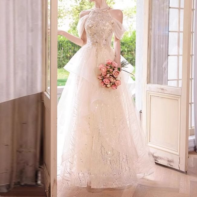 Halter Cold-Shoulder Sequin Tulle A-Line Evening Gown