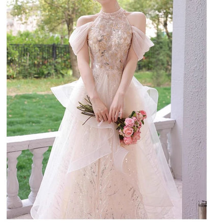 Halter Cold-Shoulder Sequin Tulle A-Line Evening Gown