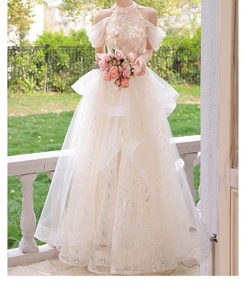 Halter Cold-Shoulder Sequin Tulle A-Line Evening Gown