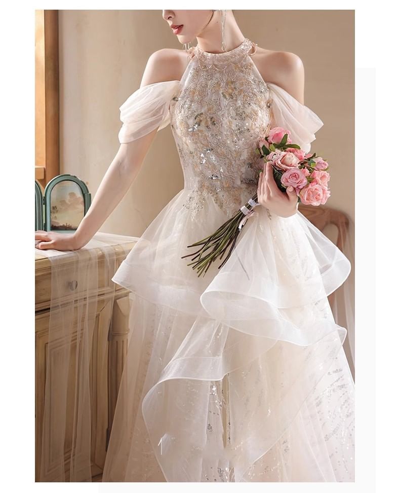 Halter Cold-Shoulder Sequin Tulle A-Line Evening Gown