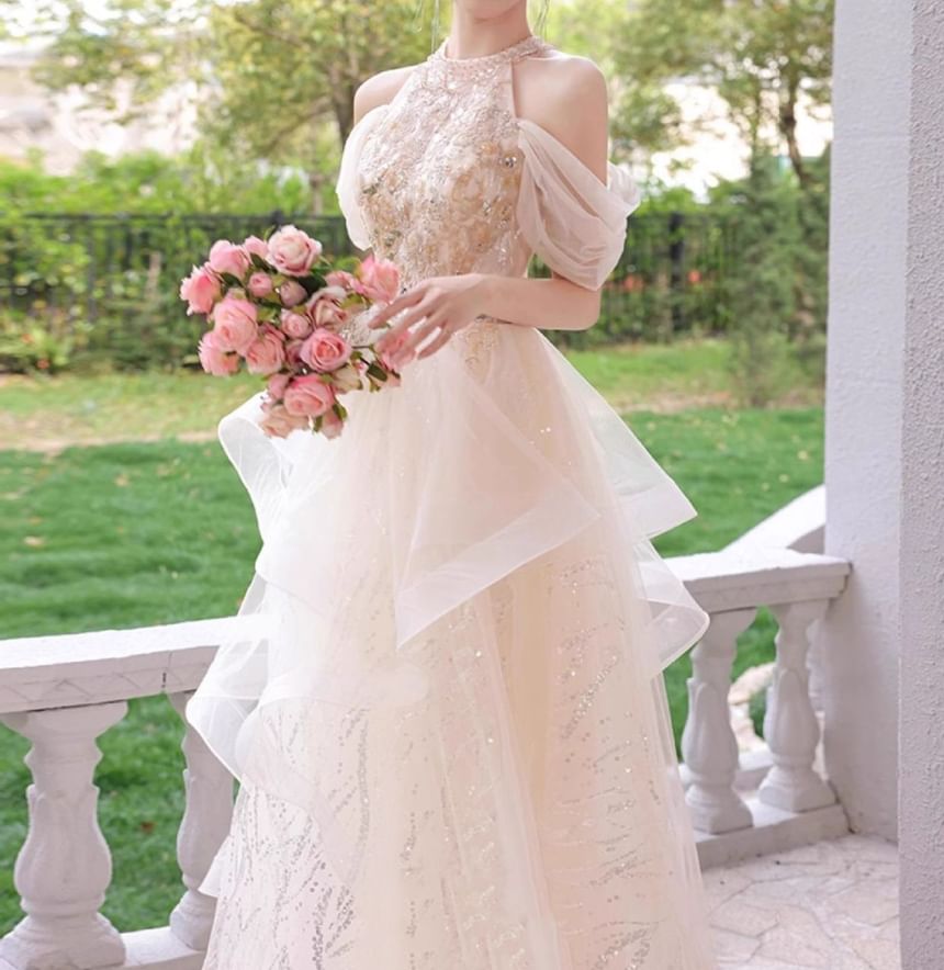 Halter Cold-Shoulder Sequin Tulle A-Line Evening Gown