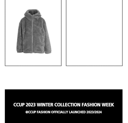 Lettering Embroidered Hood Fluffy Zip Jacket