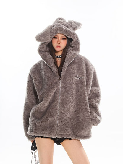 Lettering Embroidered Hood Fluffy Zip Jacket