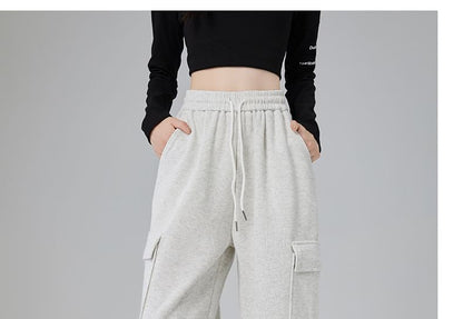 High Rise Plain Ruched Wide Leg Cargo Sweatpants