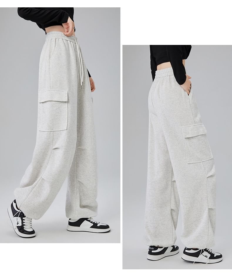 High Rise Plain Ruched Wide Leg Cargo Sweatpants