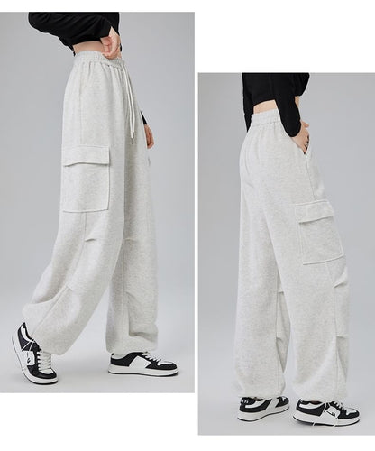 High Rise Plain Ruched Wide Leg Cargo Sweatpants