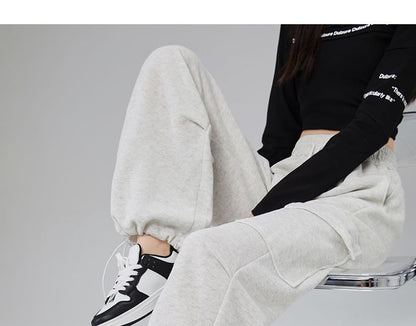 High Rise Plain Ruched Wide Leg Cargo Sweatpants