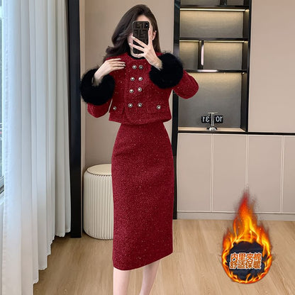 Set: Fluffy Cuff Round Neck Quilted Lining Tweed Double Breasted Jacket + High Rise Midi Pencil Skirt