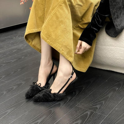 Stiletto Pointed Toe Plain Bow Accent Fleece Slingback Sandals