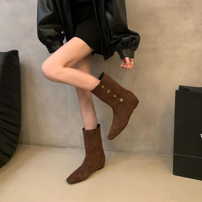 Hidden Wedge Plain Buttoned Mid-Calf Boots