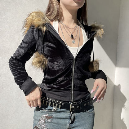 Hooded Faux Fur Trim Zip Up Crop Jacket