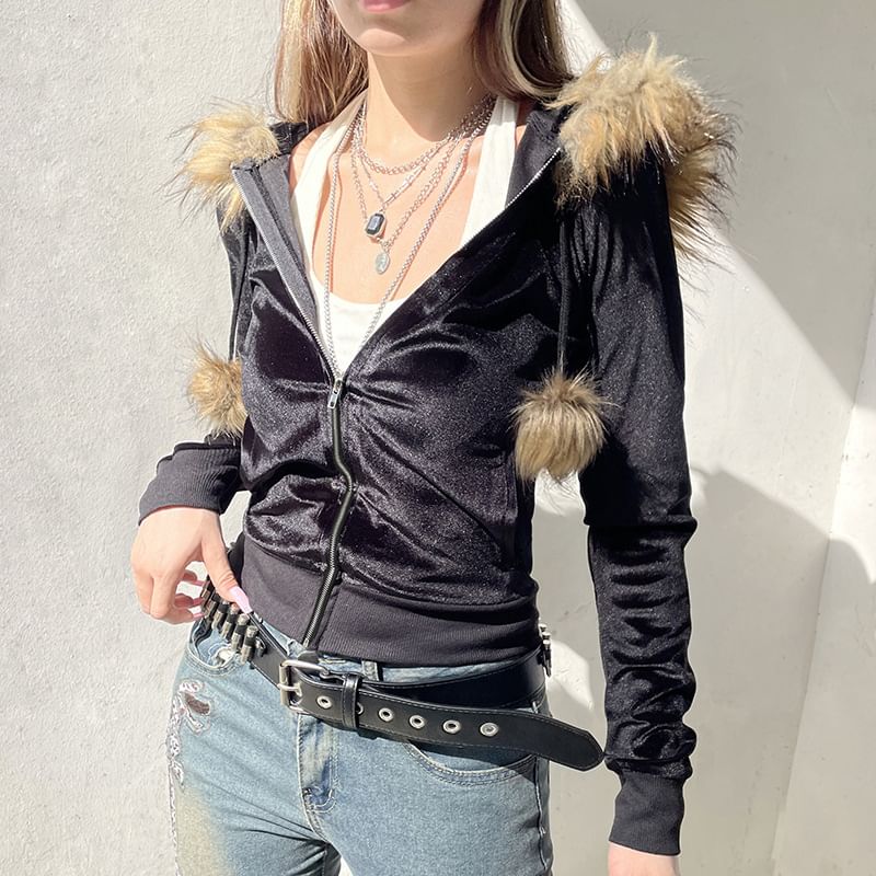 Hooded Faux Fur Trim Zip Up Crop Jacket