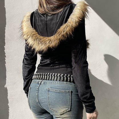 Hooded Faux Fur Trim Zip Up Crop Jacket