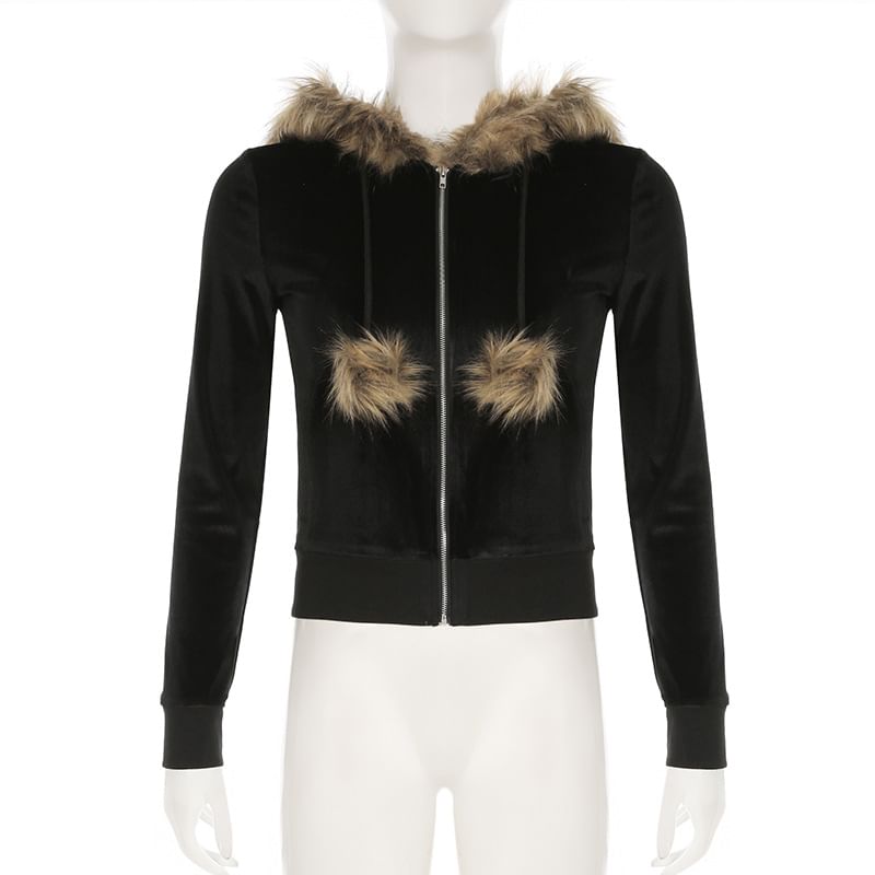 Hooded Faux Fur Trim Zip Up Crop Jacket