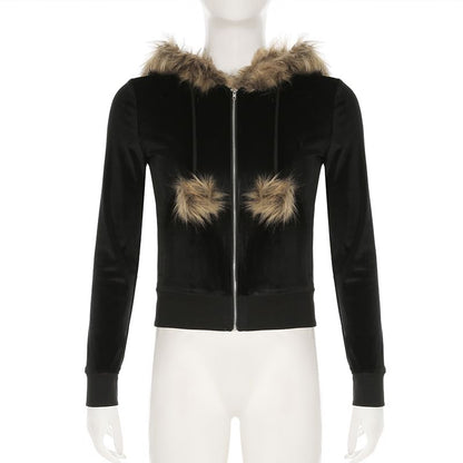 Hooded Faux Fur Trim Zip Up Crop Jacket