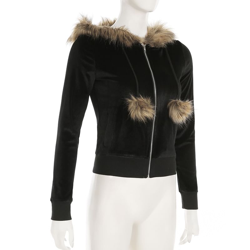 Hooded Faux Fur Trim Zip Up Crop Jacket