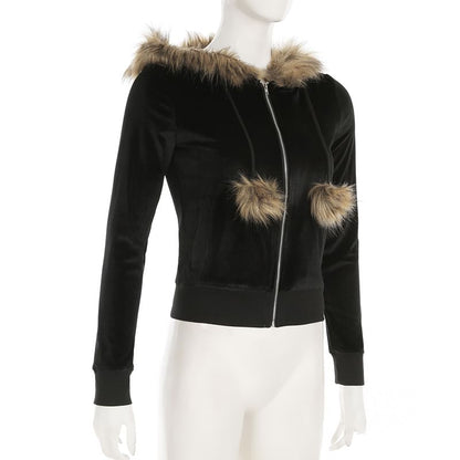Hooded Faux Fur Trim Zip Up Crop Jacket