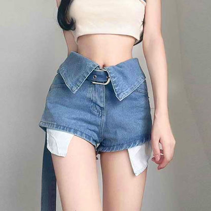 High Waist Belted Plain Denim Shorts