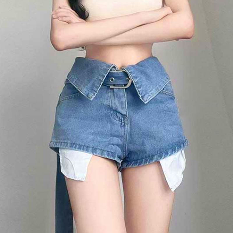 High Waist Belted Plain Denim Shorts