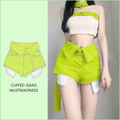 High Waist Belted Plain Denim Shorts
