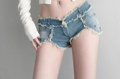 Low Waist Distressed Washed Denim Shorts