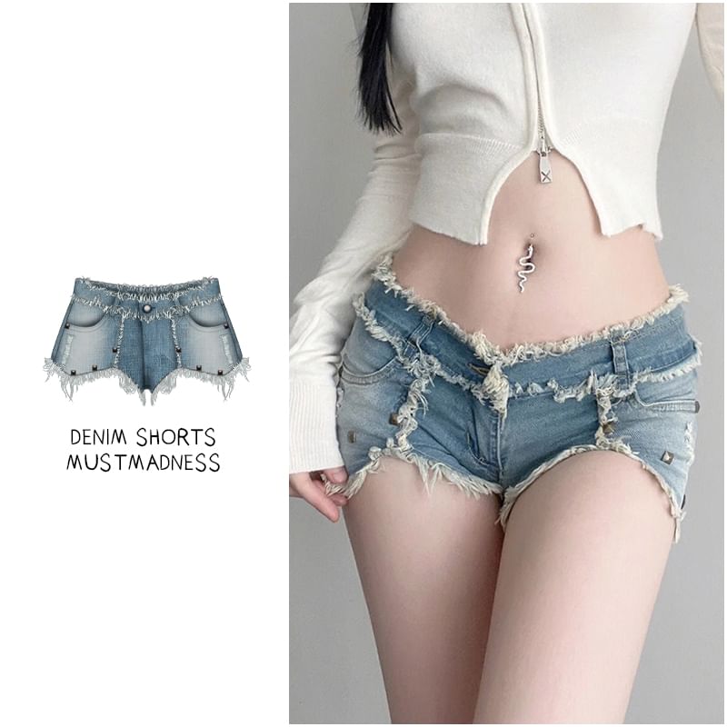 Low Waist Distressed Washed Denim Shorts