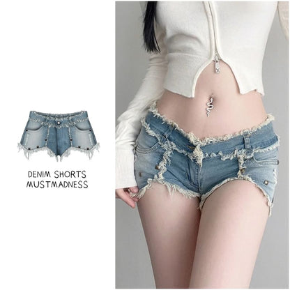 Low Waist Distressed Washed Denim Shorts