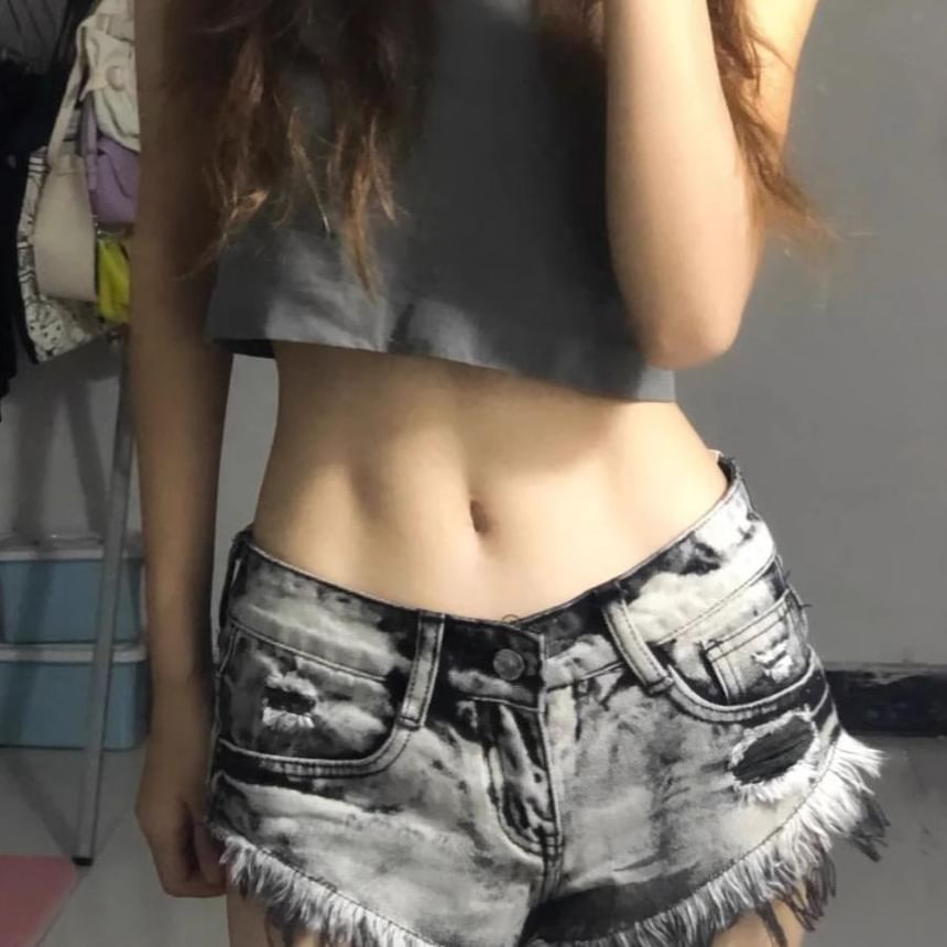 Low Rise Distressed Washed Denim Shorts