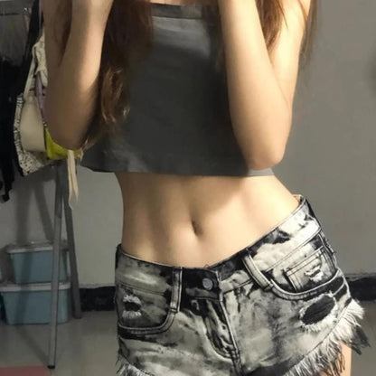Low Rise Distressed Washed Denim Shorts