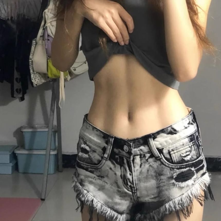 Low Rise Distressed Washed Denim Shorts