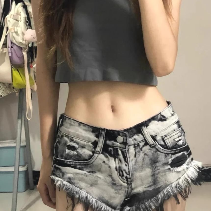 Low Rise Distressed Washed Denim Shorts