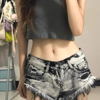 Low Rise Distressed Washed Denim Shorts