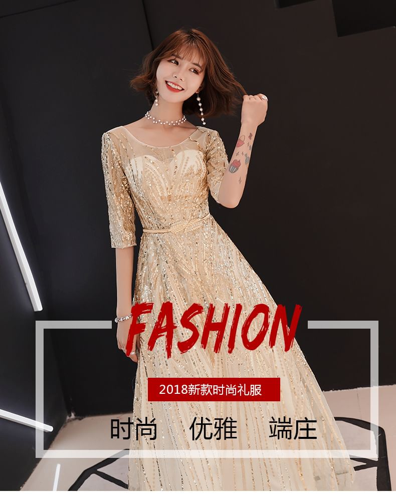 Neck Sequin Gown Elbow-Sleeve A-Line Evening Round