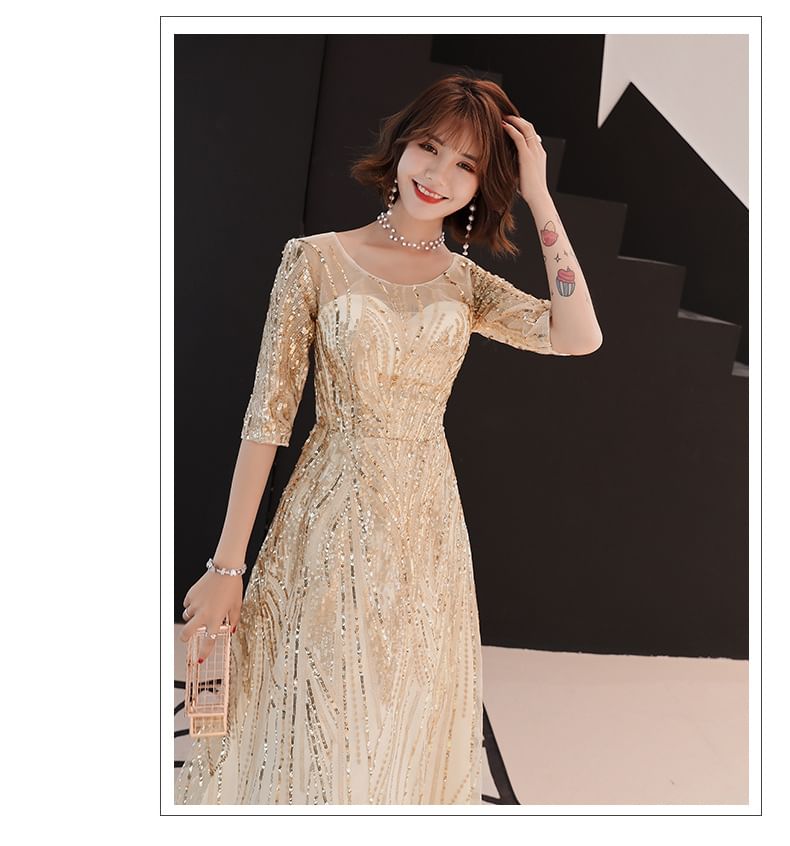Neck Sequin Gown Elbow-Sleeve A-Line Evening Round