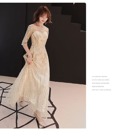 Neck Sequin Gown Elbow-Sleeve A-Line Evening Round