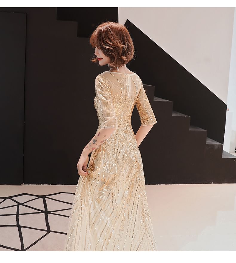 Neck Sequin Gown Elbow-Sleeve A-Line Evening Round