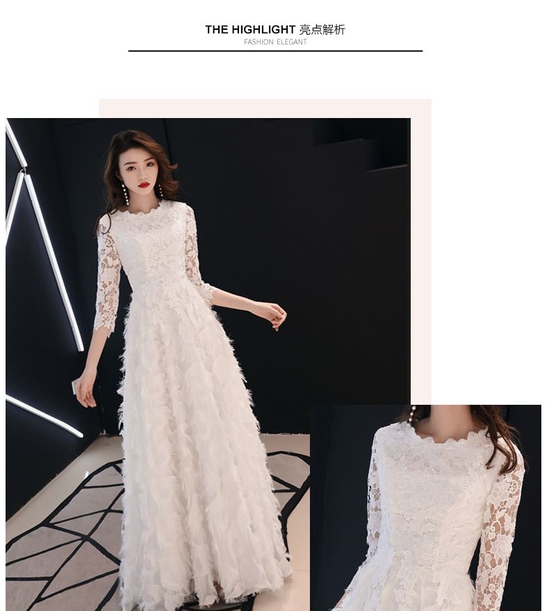 A-Line / Fringed Lace 3/4-Sleeve Midi Evening Neck Round Dress Gown