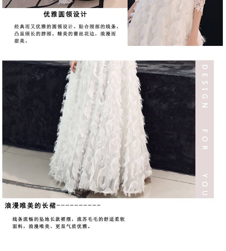 A-Line / Fringed Lace 3/4-Sleeve Midi Evening Neck Round Dress Gown