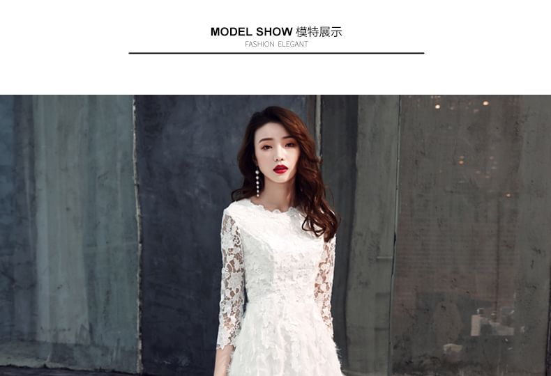 A-Line / Fringed Lace 3/4-Sleeve Midi Evening Neck Round Dress Gown