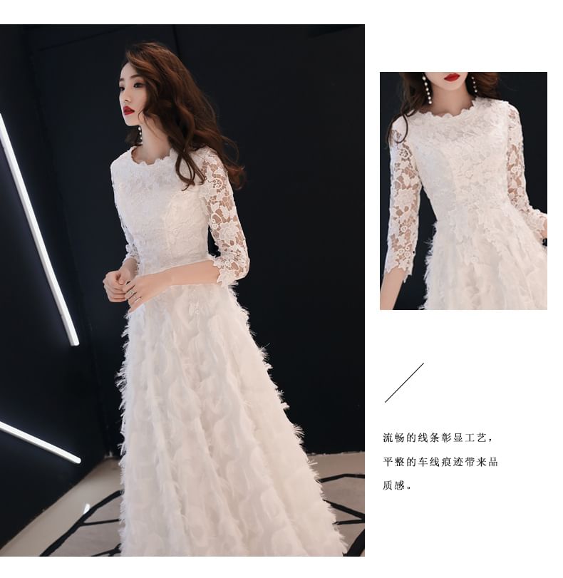 A-Line / Fringed Lace 3/4-Sleeve Midi Evening Neck Round Dress Gown