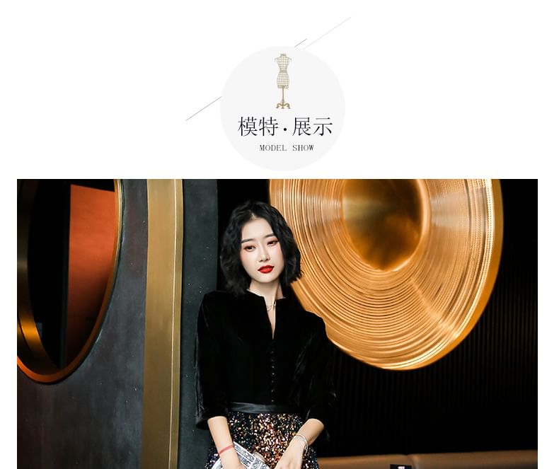 Gown Designs) Neck (Various Sequin 3/4-Sleeve Evening Notch Panel