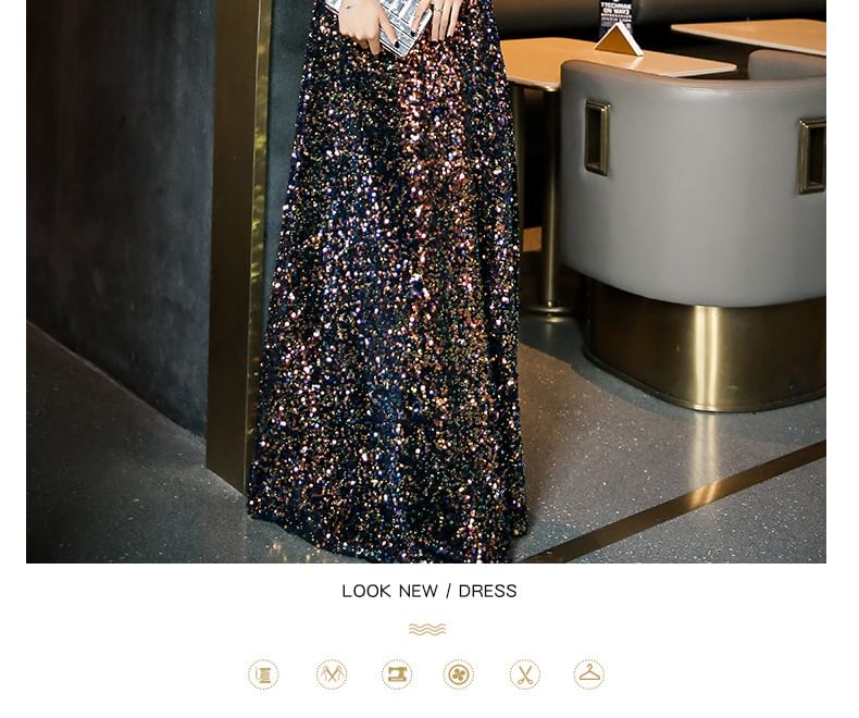 Gown Designs) Neck (Various Sequin 3/4-Sleeve Evening Notch Panel