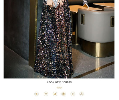 Gown Designs) Neck (Various Sequin 3/4-Sleeve Evening Notch Panel