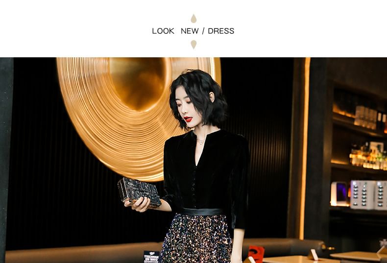 Gown Designs) Neck (Various Sequin 3/4-Sleeve Evening Notch Panel