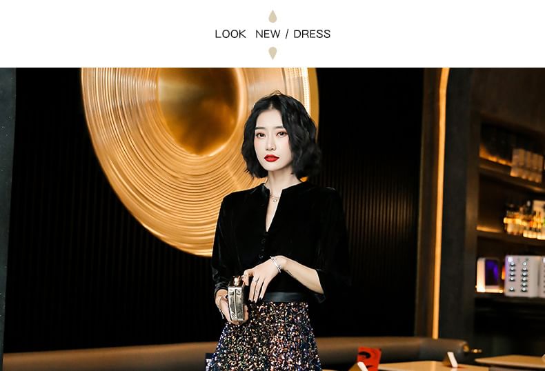 Gown Designs) Neck (Various Sequin 3/4-Sleeve Evening Notch Panel